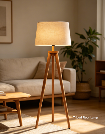 Tripod Floor Lamp with Wood Legs and Linen Shade
