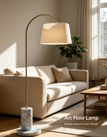Arc Floor Lamp with Marble Base and Linen Shade